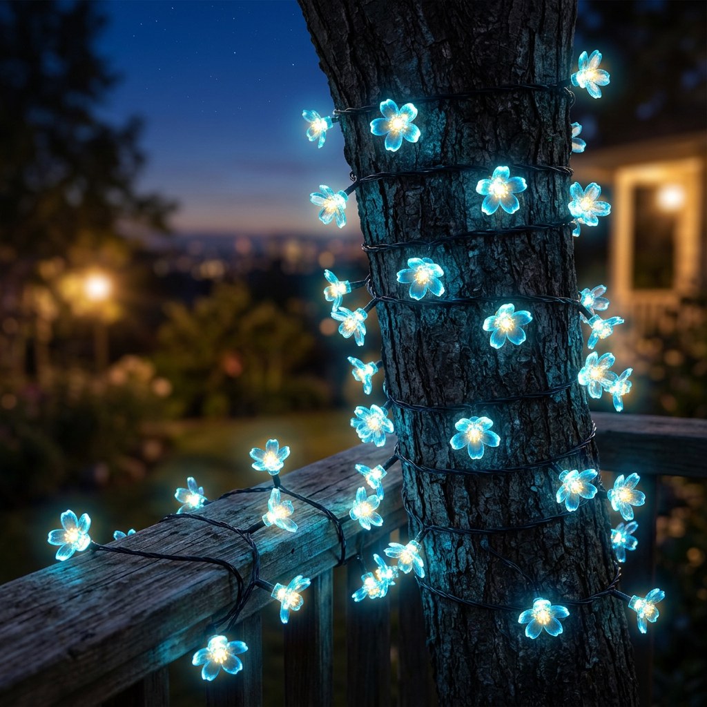Blue solar blossom string lights wrapped around a tree at dusk, Kiyo Home