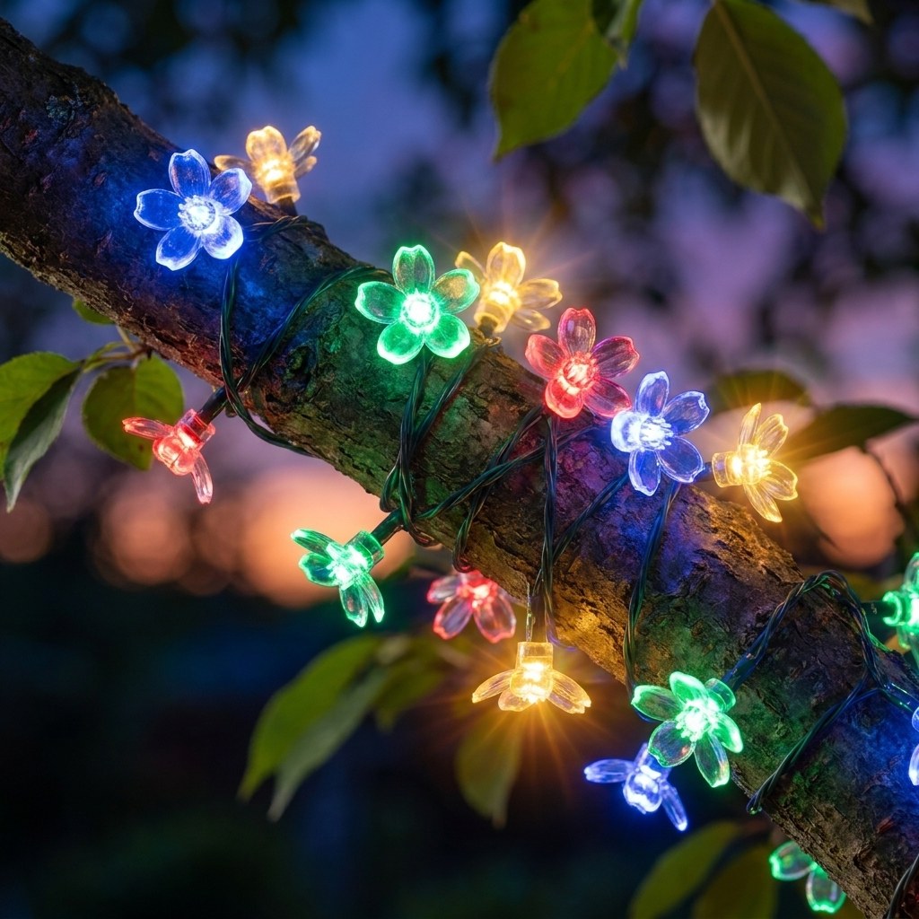 Multicolor solar blossom string lights on a branch, Kiyo Home