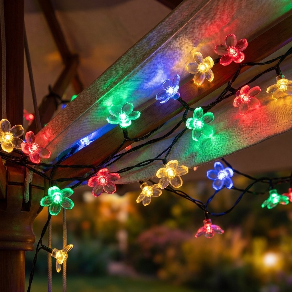 Multicolor solar blossom string lights over a pergola at dusk, Kiyo Home