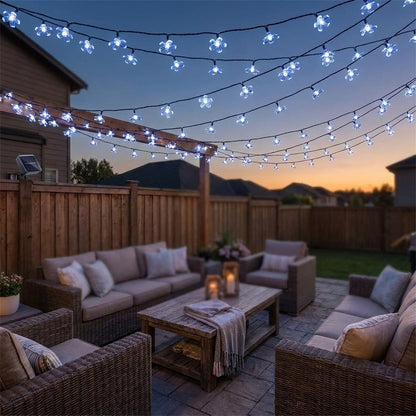 Solar blossom string lights over a patio pergola at dusk, Kiyo Home