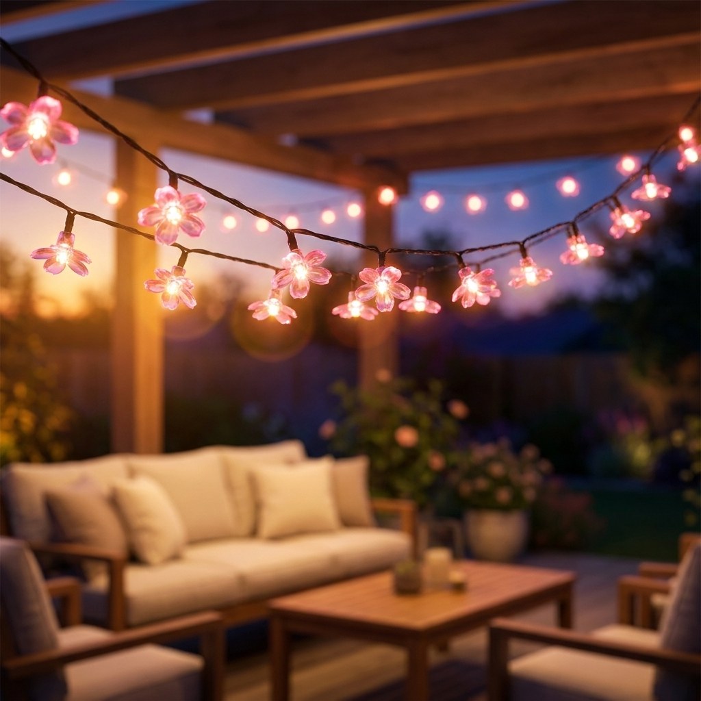 Warm white solar blossom string lights over a patio at sunset, Kiyo Home