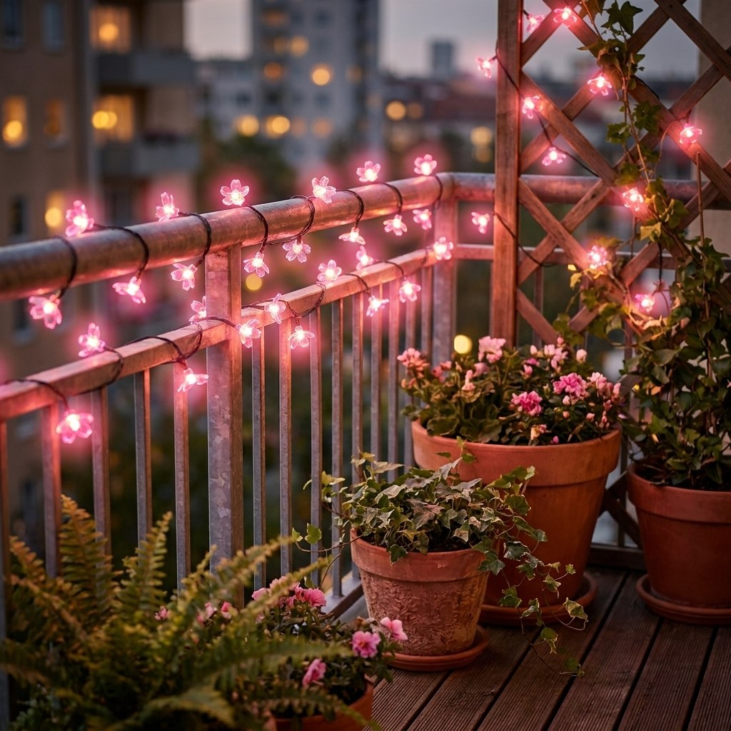 Pink solar blossom string lights along a balcony railing at night, Kiyo Home