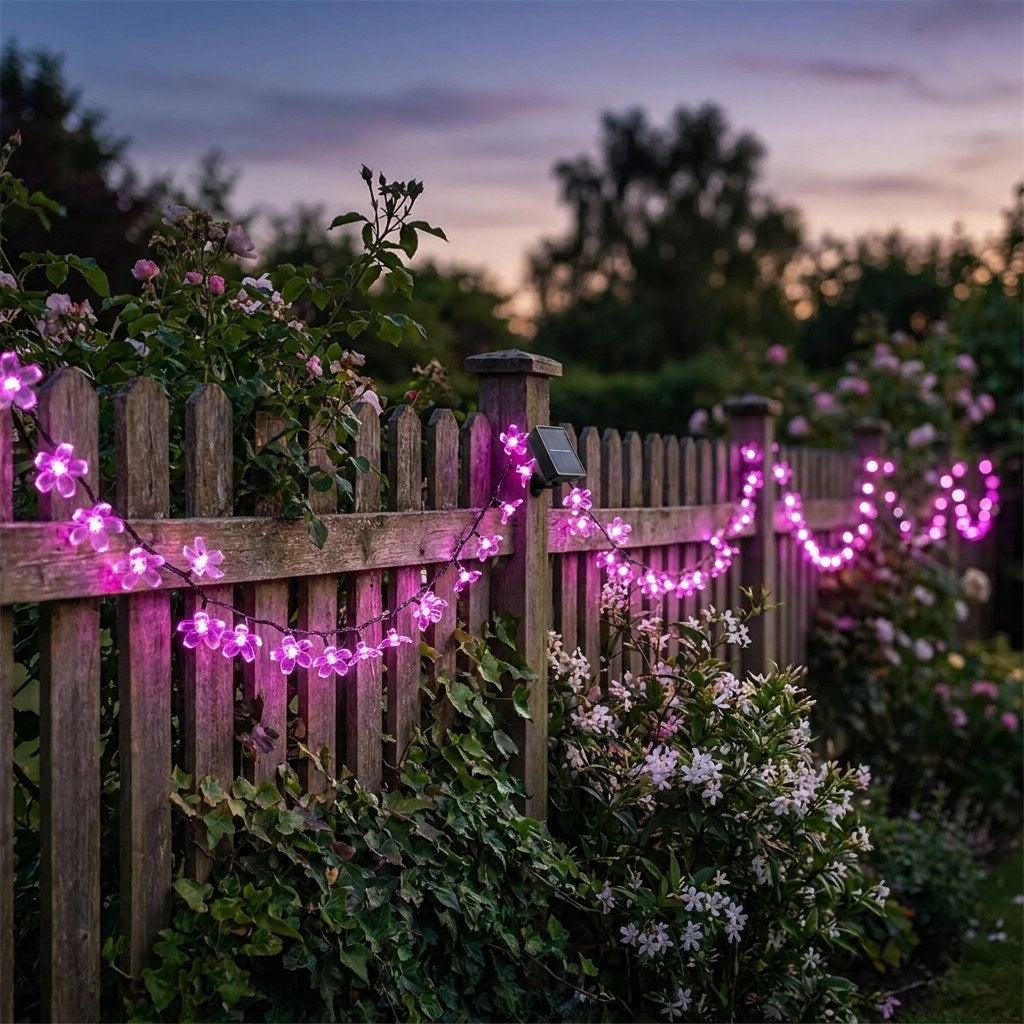 Pink solar blossom string lights on a garden fence at dusk, Kiyo Home