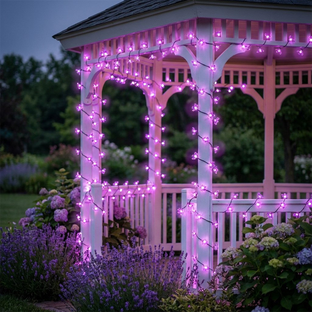 Pink solar blossom string lights on a garden gazebo at night, Kiyo Home