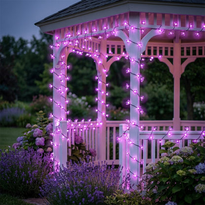 Pink solar blossom string lights on a garden gazebo at night, Kiyo Home