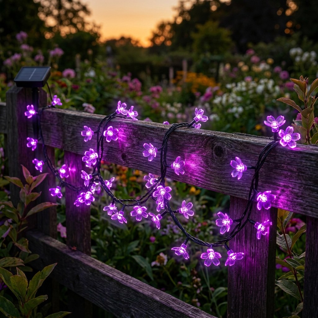 Purple solar blossom string lights on a garden deck railing, Kiyo Home