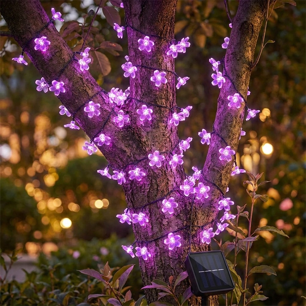 Purple solar blossom string lights wrapped around a tree, Kiyo Home
