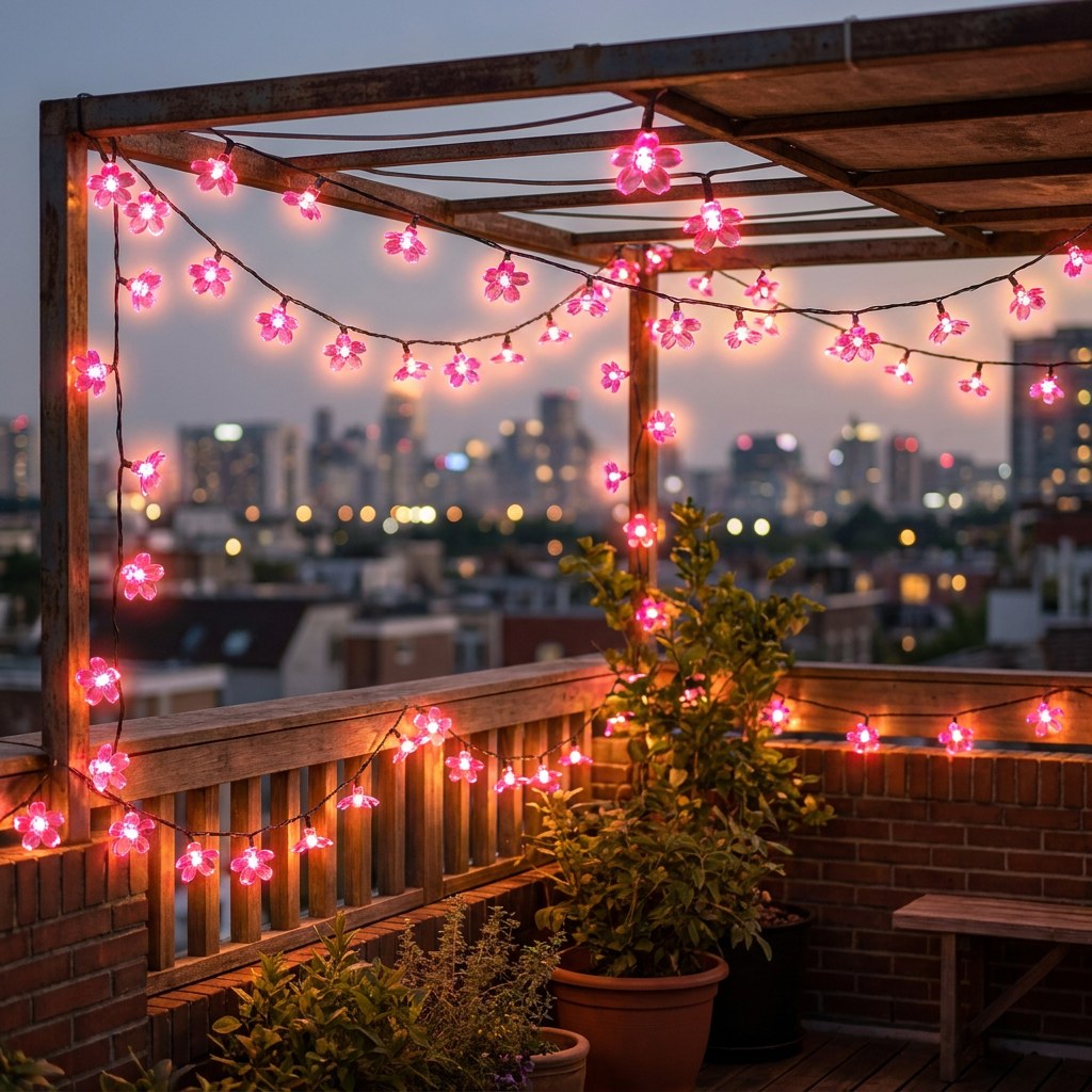 Pink solar blossom string lights on a rooftop pergola at night, Kiyo Home