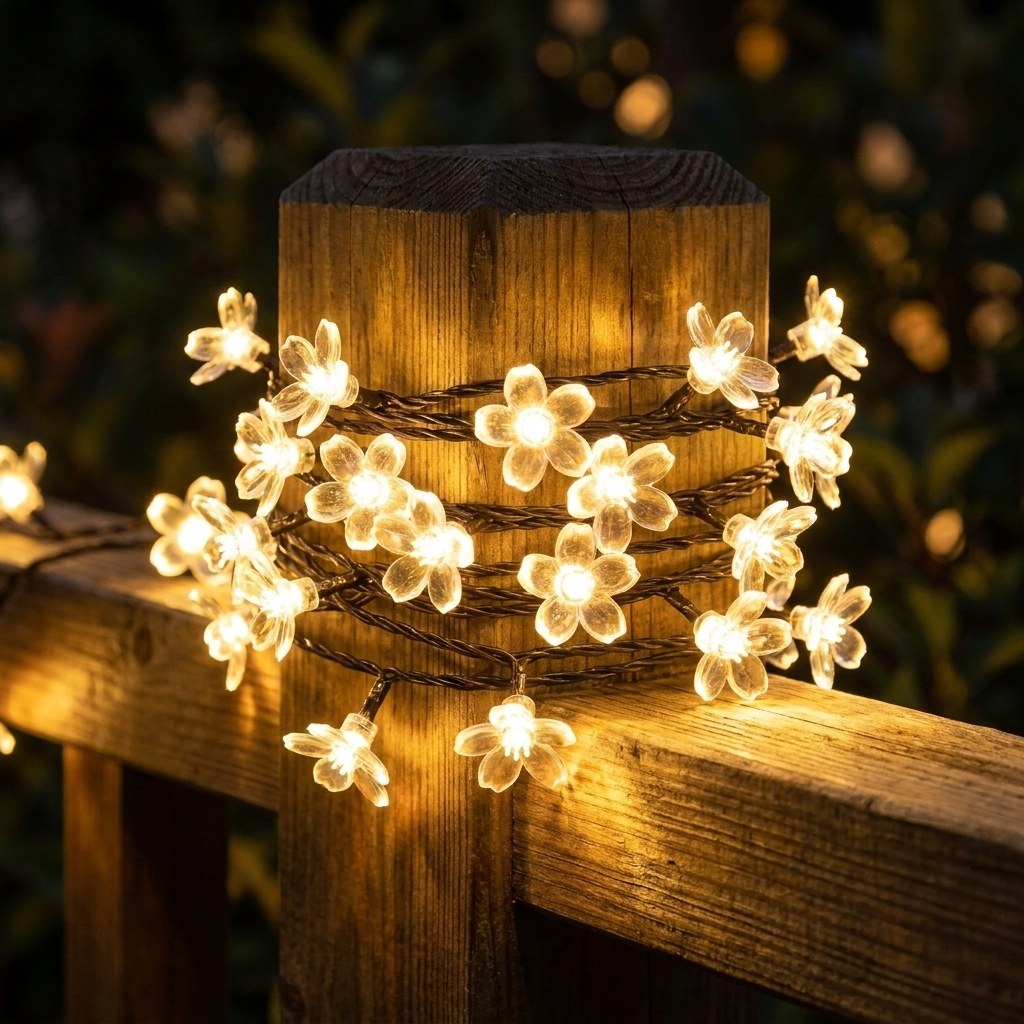 Warm white solar blossom string lights wrapped on a fence post, Kiyo Home