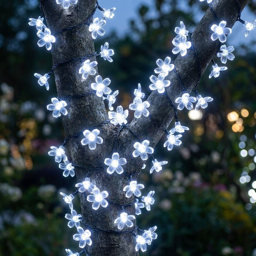 White solar blossom string lights on a tree at night, Kiyo Home