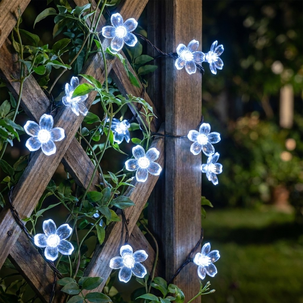 White solar blossom string lights on a garden trellis, Kiyo Home