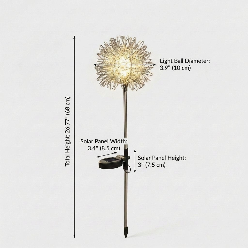 Dandelion solar light on a light background with dimension labels: total height 26.77 in or 68 cm, light ball diameter 3.9 in or 10 cm, solar panel width 3.4 in or 8.5 cm, solar panel height 3 in or 7.5 cm