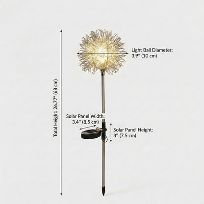 Dandelion solar light on a light background with dimension labels: total height 26.77 in or 68 cm, light ball diameter 3.9 in or 10 cm, solar panel width 3.4 in or 8.5 cm, solar panel height 3 in or 7.5 cm