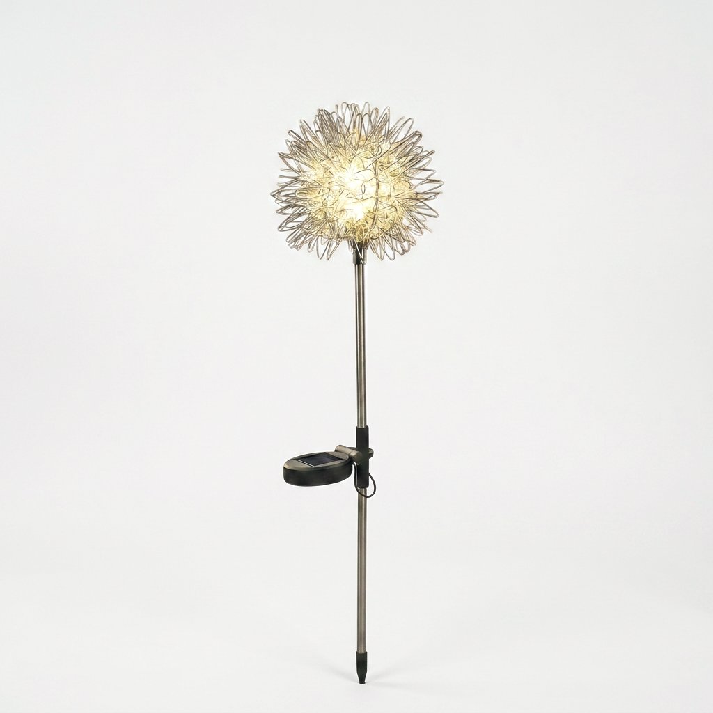 Single dandelion-shaped solar garden light with a glowing wire head, small solar panel and pointed ground stake on a plain light background