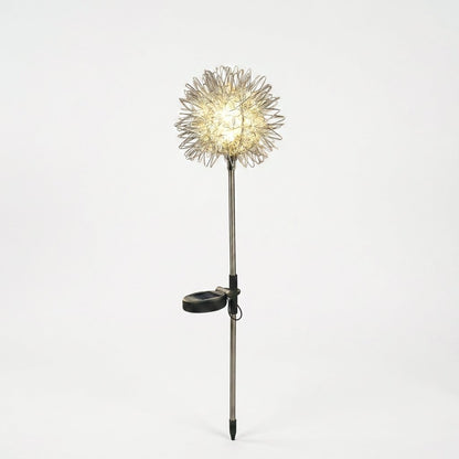 Single dandelion-shaped solar garden light with a glowing wire head, small solar panel and pointed ground stake on a plain light background