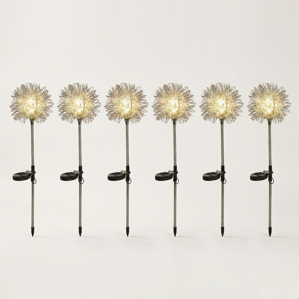 Six dandelion-shaped solar garden lights in a row, each with a glowing wire head, small solar panel and pointed ground stake, on a plain light background
