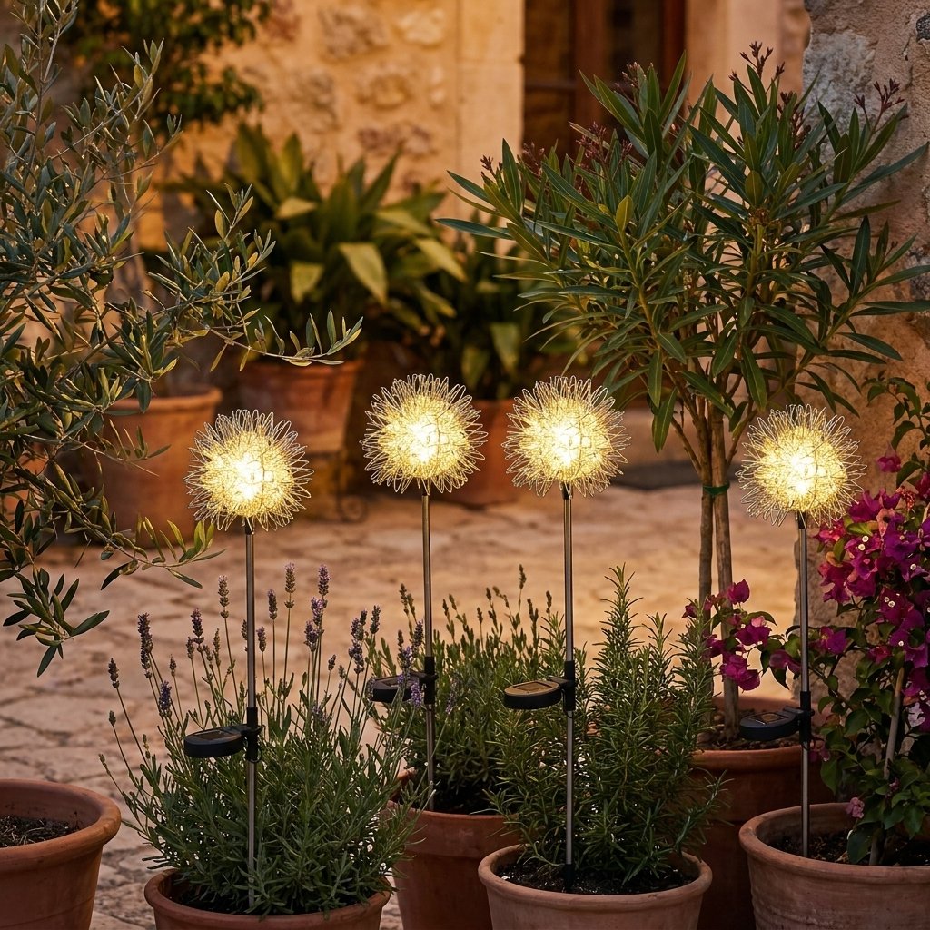Four dandelion-shaped solar lights glowing among terracotta pots of lavender and olive trees on a stone courtyard at dusk