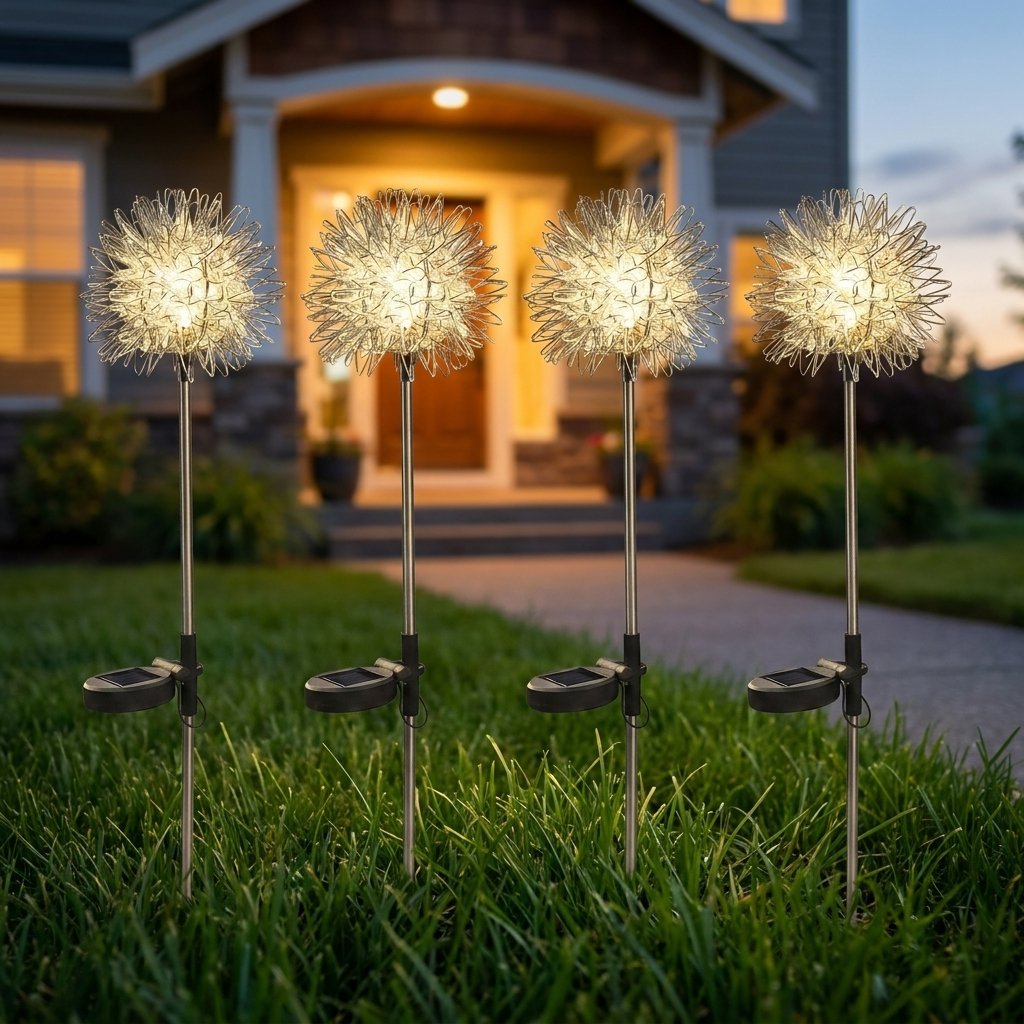 Four dandelion-shaped solar lights staked in a front lawn with a lit house entrance behind at dusk