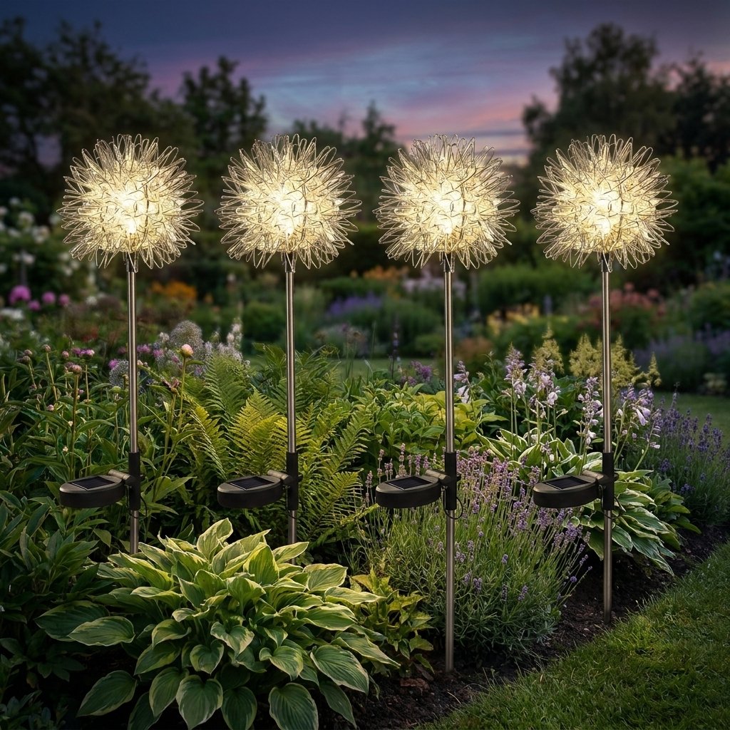 Four dandelion-shaped solar garden lights glowing warm white on thin stakes in a garden bed of hostas, ferns and lavender at dusk