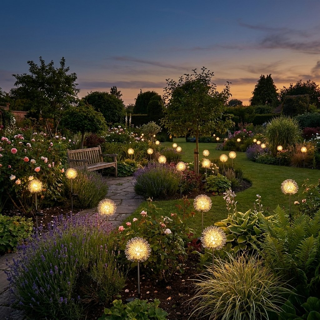 Many dandelion-shaped solar lights glowing along garden beds and a stone path beside a wooden bench at dusk