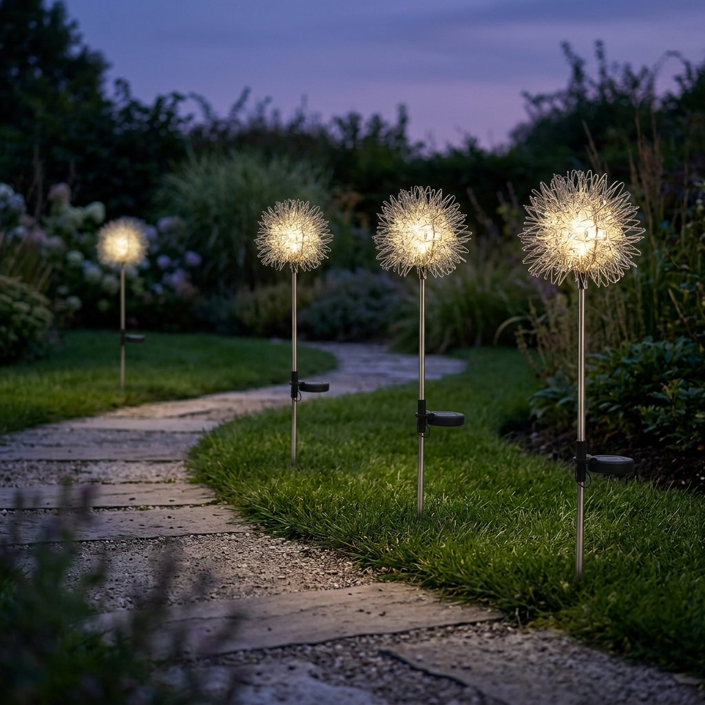 Four dandelion-shaped solar lights lighting a curved stone garden path edged with lawn at dusk