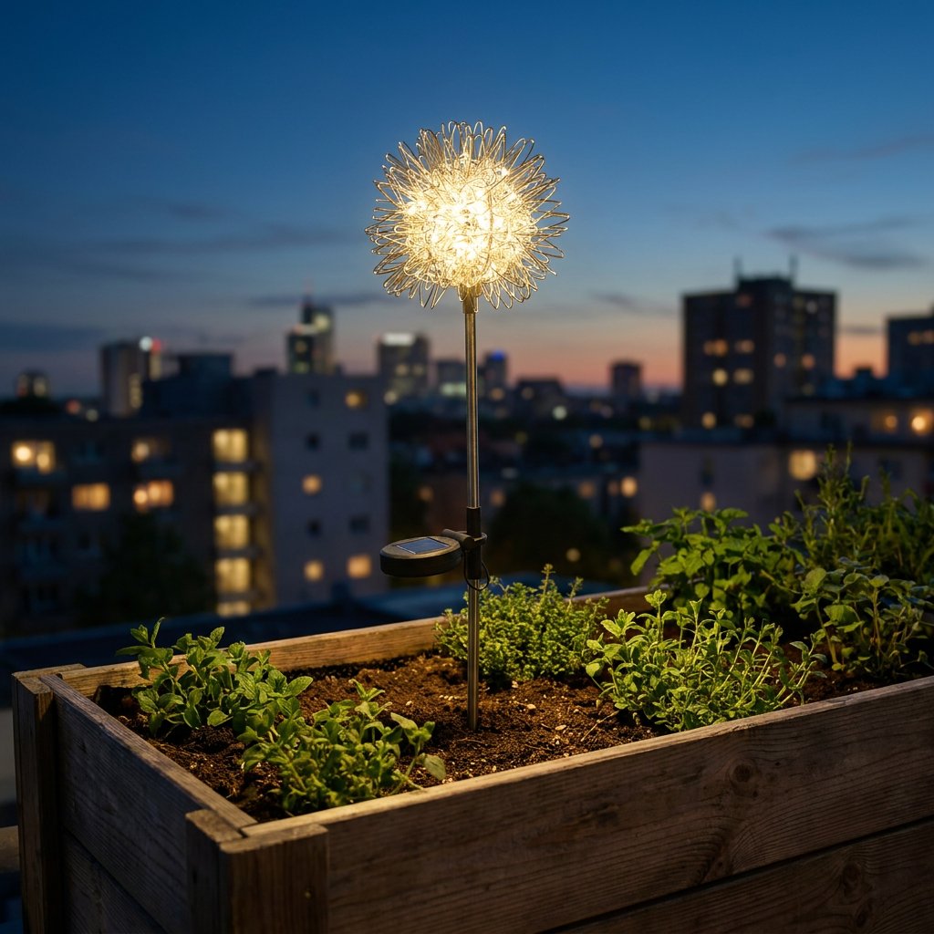 Single dandelion-shaped solar light glowing in a raised wooden planter of herbs with a city skyline behind at dusk