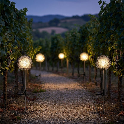 Row of dandelion-shaped solar lights lining a gravel path between grapevine rows at dusk with rolling hills behind
