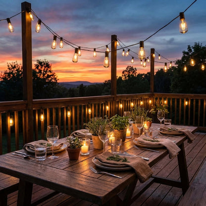 Dining table set for dinner on a wooden deck with string lights and a sunset view.