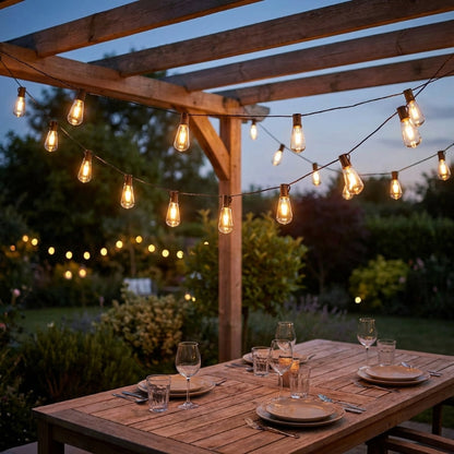 Dining table set under string lights on a wooden pergola in a garden.