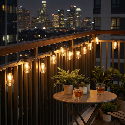 Balcony with string lights, table, and drinks against a cityscape at night