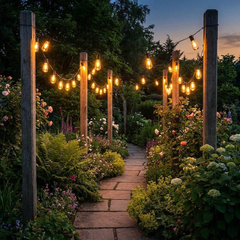 Garden pathway with string lights and flowers at dusk