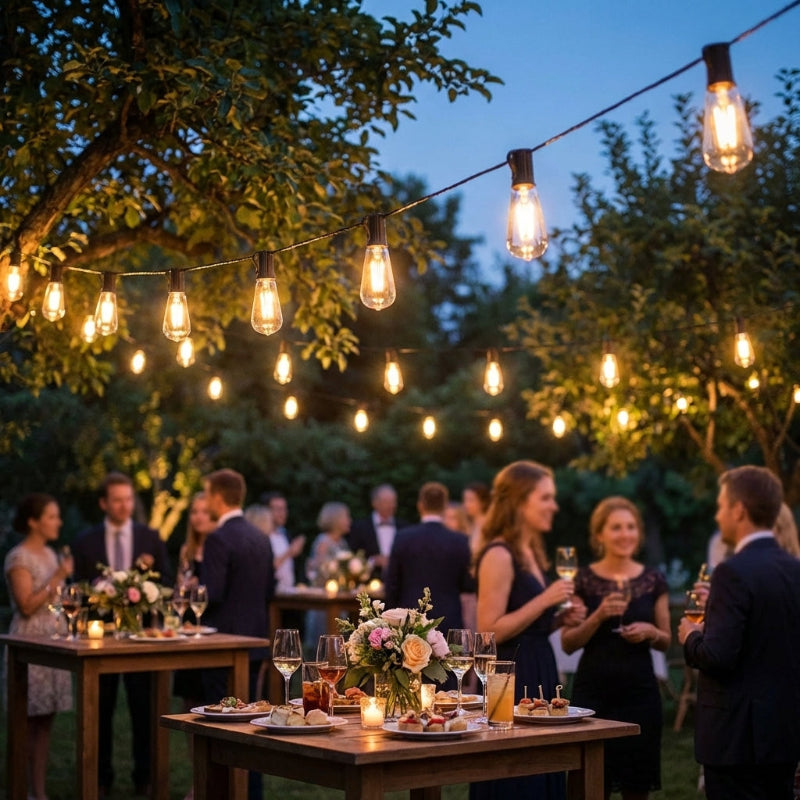 Outdoor evening gathering with string lights and people socializing.