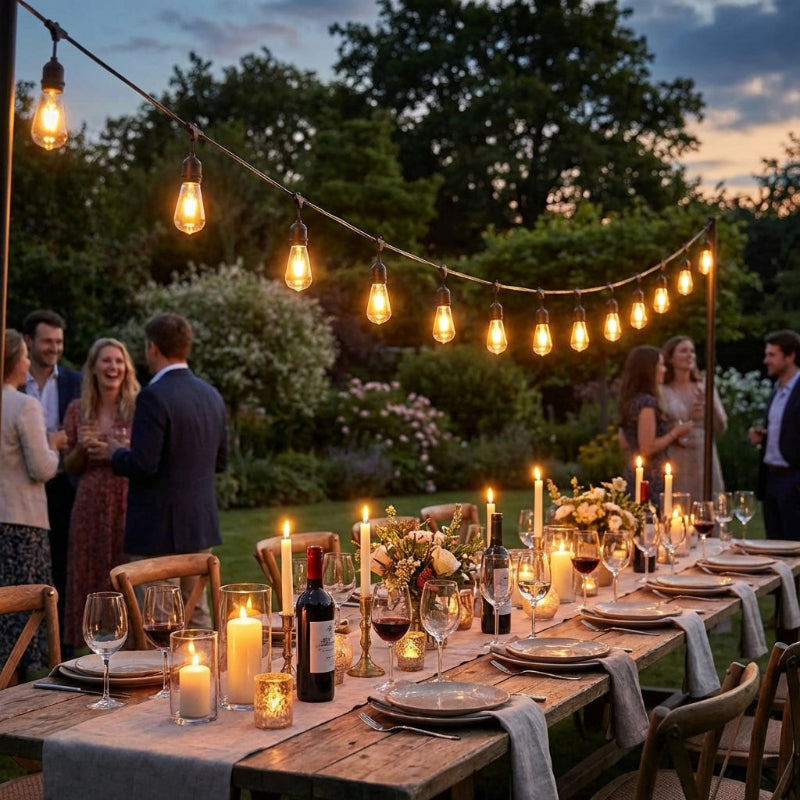 Outdoor dinner party with string lights and guests in a garden setting