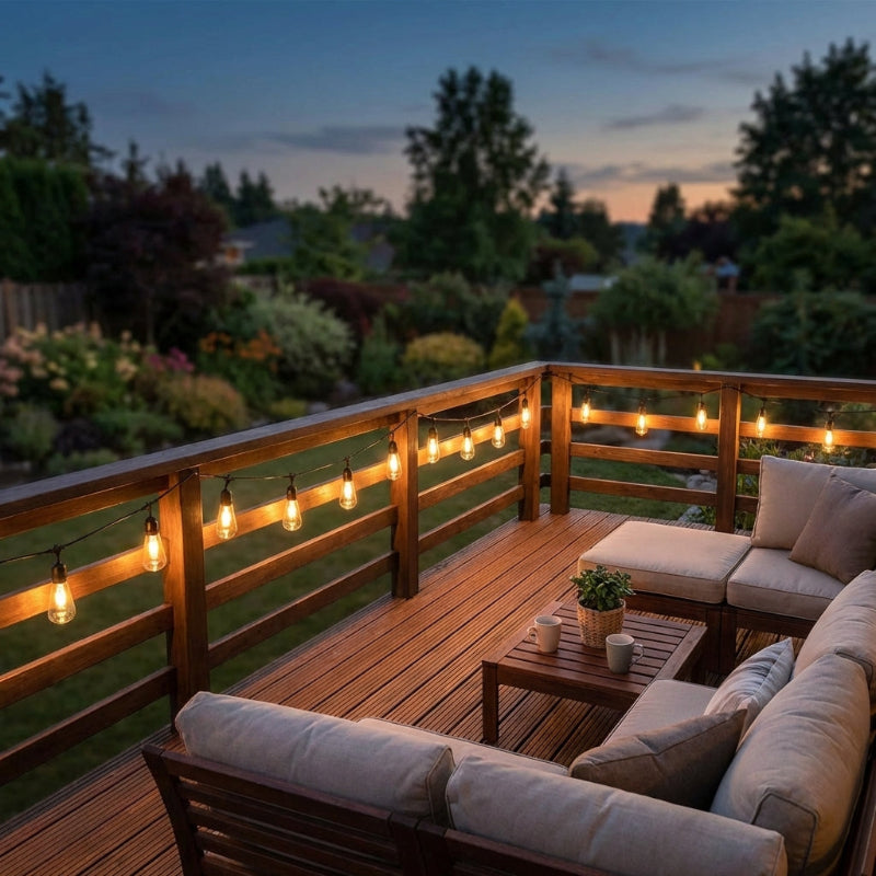 Evening outdoor setting with string lights on a wooden deck.