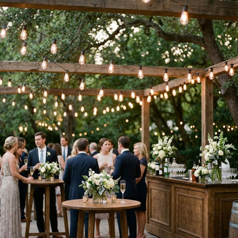 Outdoor wedding reception with string lights and guests socializing.