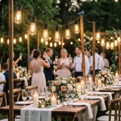 Outdoor wedding reception with string lights and floral decorations.