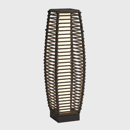 Modern outdoor solar floor lantern glowing on an off-white background
