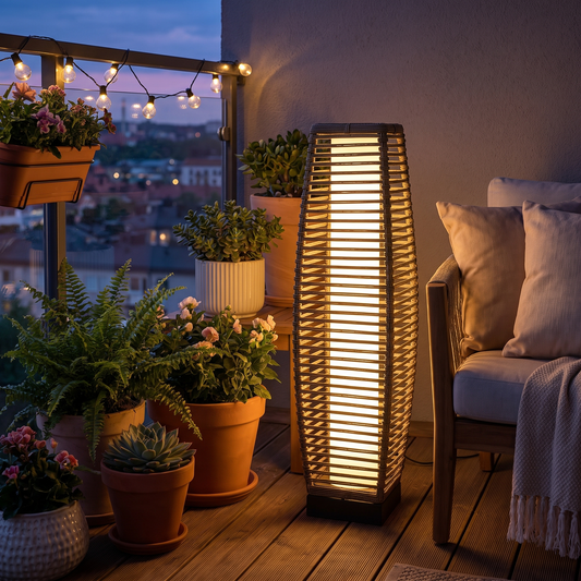 Modern outdoor solar floor lantern glowing in a cozy balcony corner in the evening