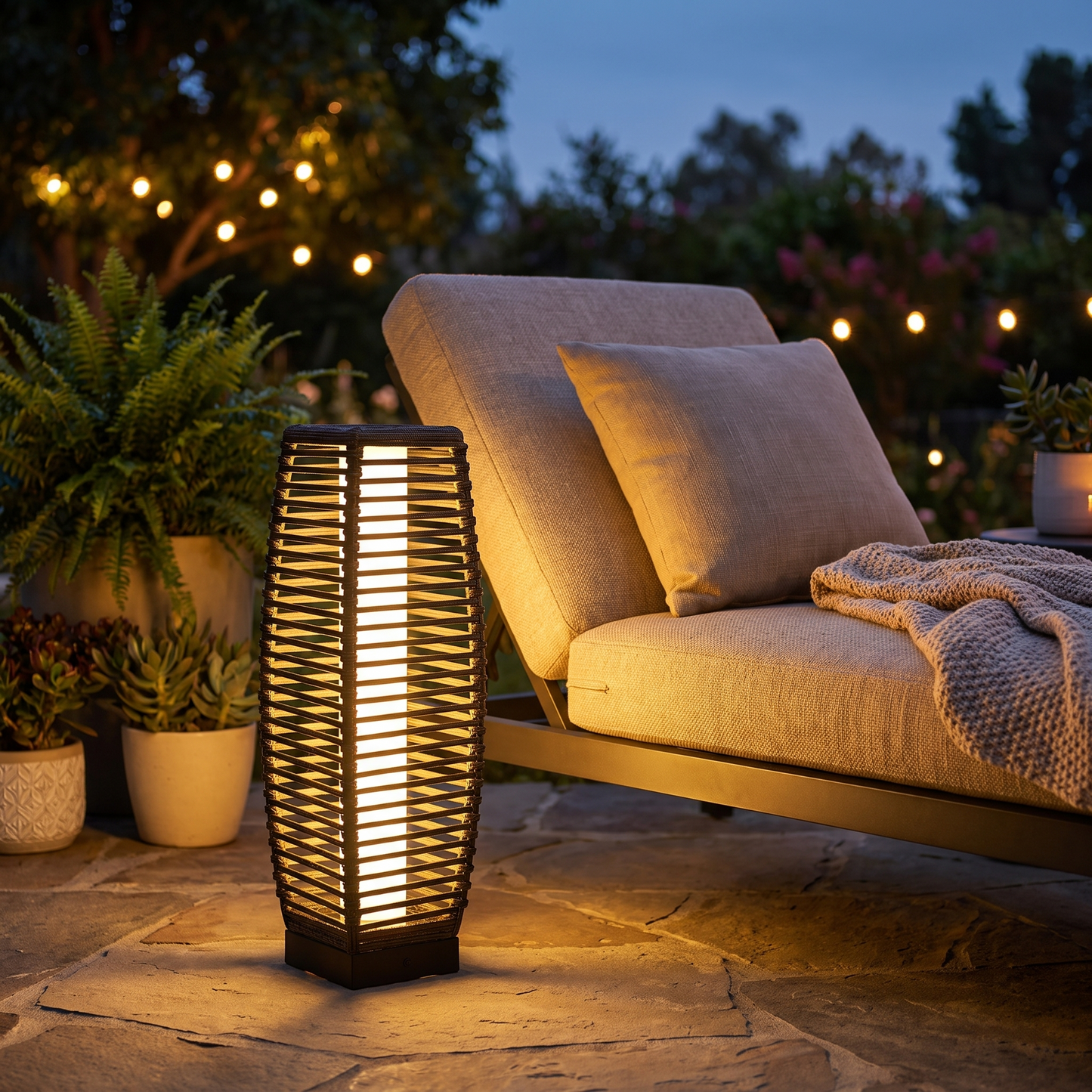 Modern outdoor solar floor lantern glowing on a patio at dusk
