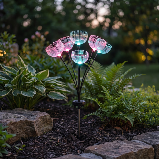 Single color-changing jellyfish-style fiber-optic solar garden light stake with seven light heads glowing in a garden bed