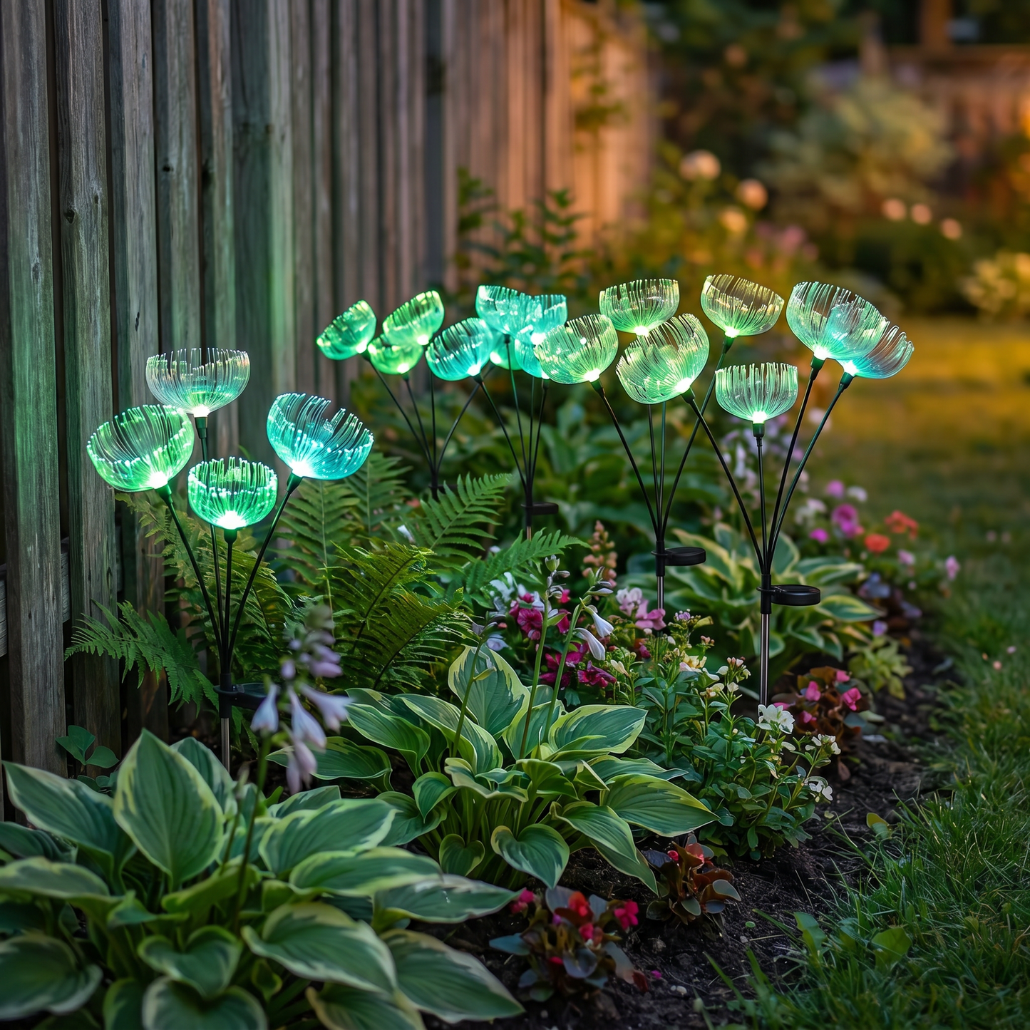 Color-changing solar jellyfish garden lights glowing green and teal in a flower bed at dusk