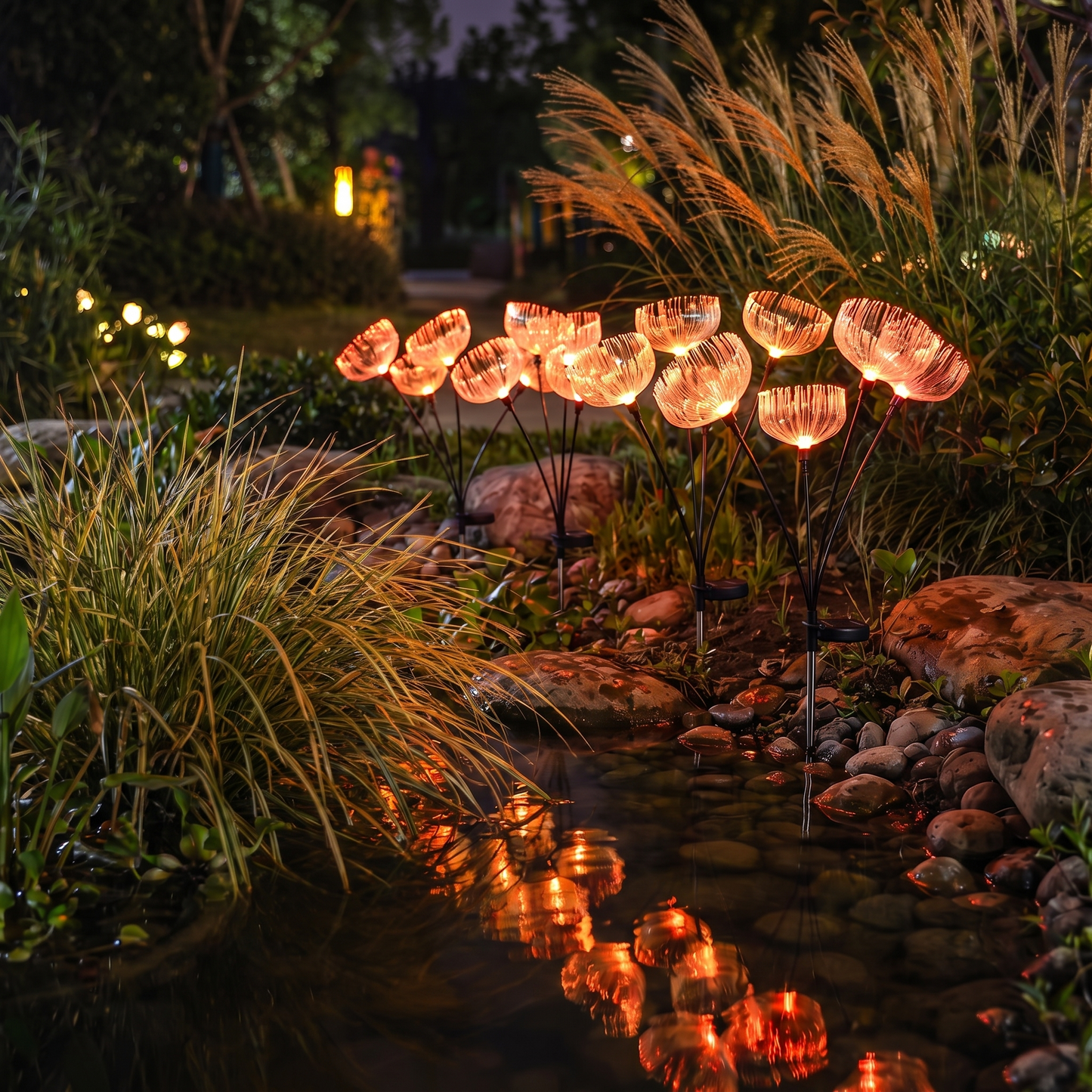 Color-changing solar jellyfish garden lights glowing amber among ornamental grasses at night