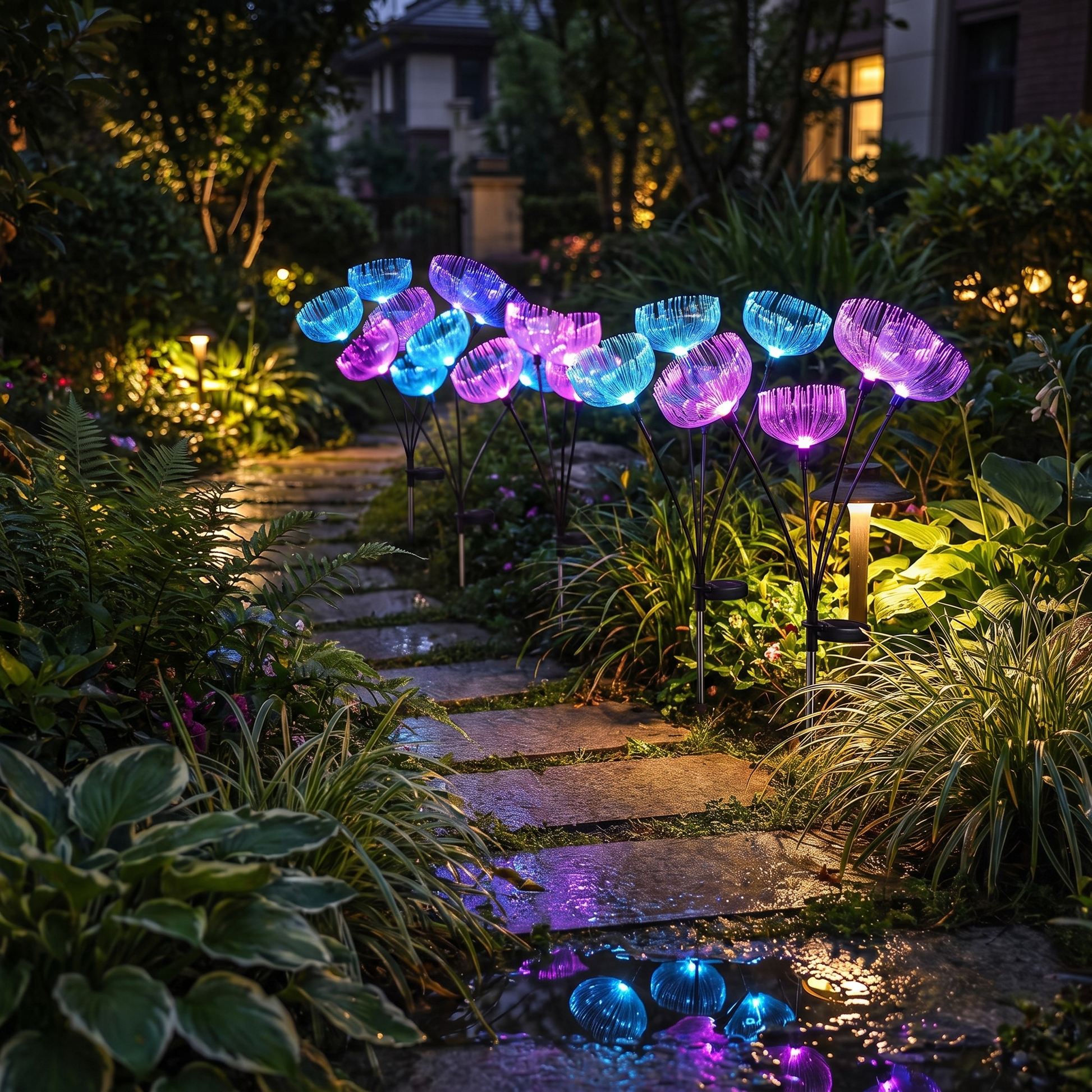 Color-changing solar jellyfish garden lights glowing blue and purple along a garden pathway at night