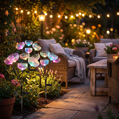 Color-changing solar jellyfish garden lights glowing beside a cozy patio at night
