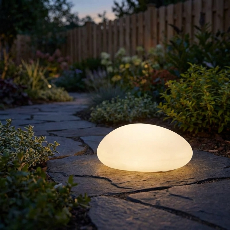 Glowing outdoor light fixture on a stone pathway with plants and a wooden fence in the background.