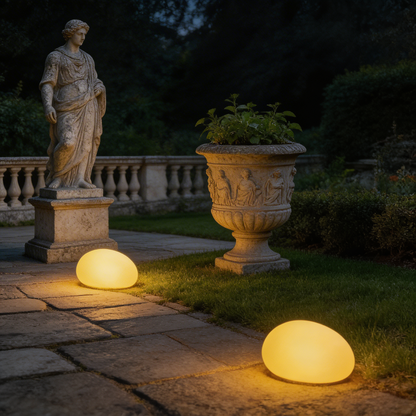 Solar light stones illuminating garden pathway at night