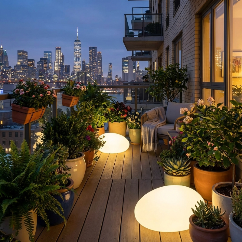 Balcony with potted plants and city skyline view at night