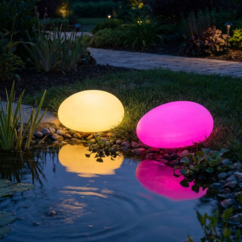 Two glowing spherical lights, one yellow and one pink, on a grassy area near water.