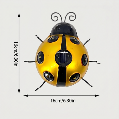 Yellow solar metal ladybug garden light dimensions graphic on white background