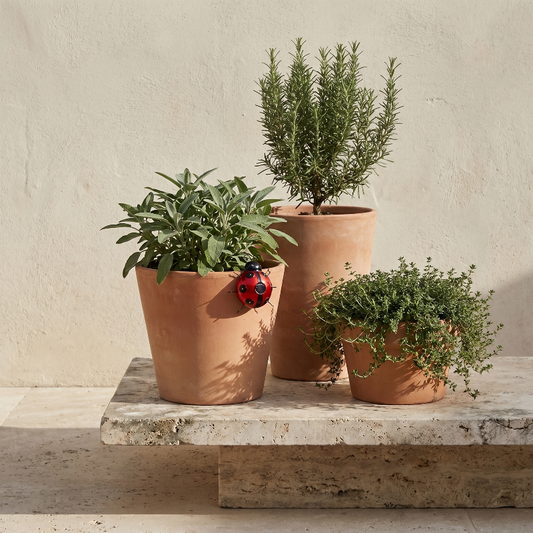Solar metal ladybug garden light on stone ledge beside potted herbs